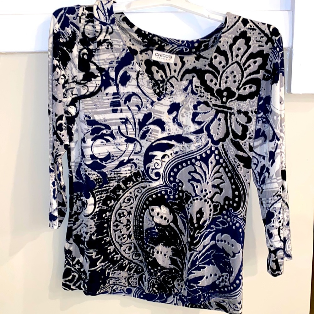 Chico’s Travelers Size M Womens Long Sleeve Flower Pattern Blouse Dress Stretch